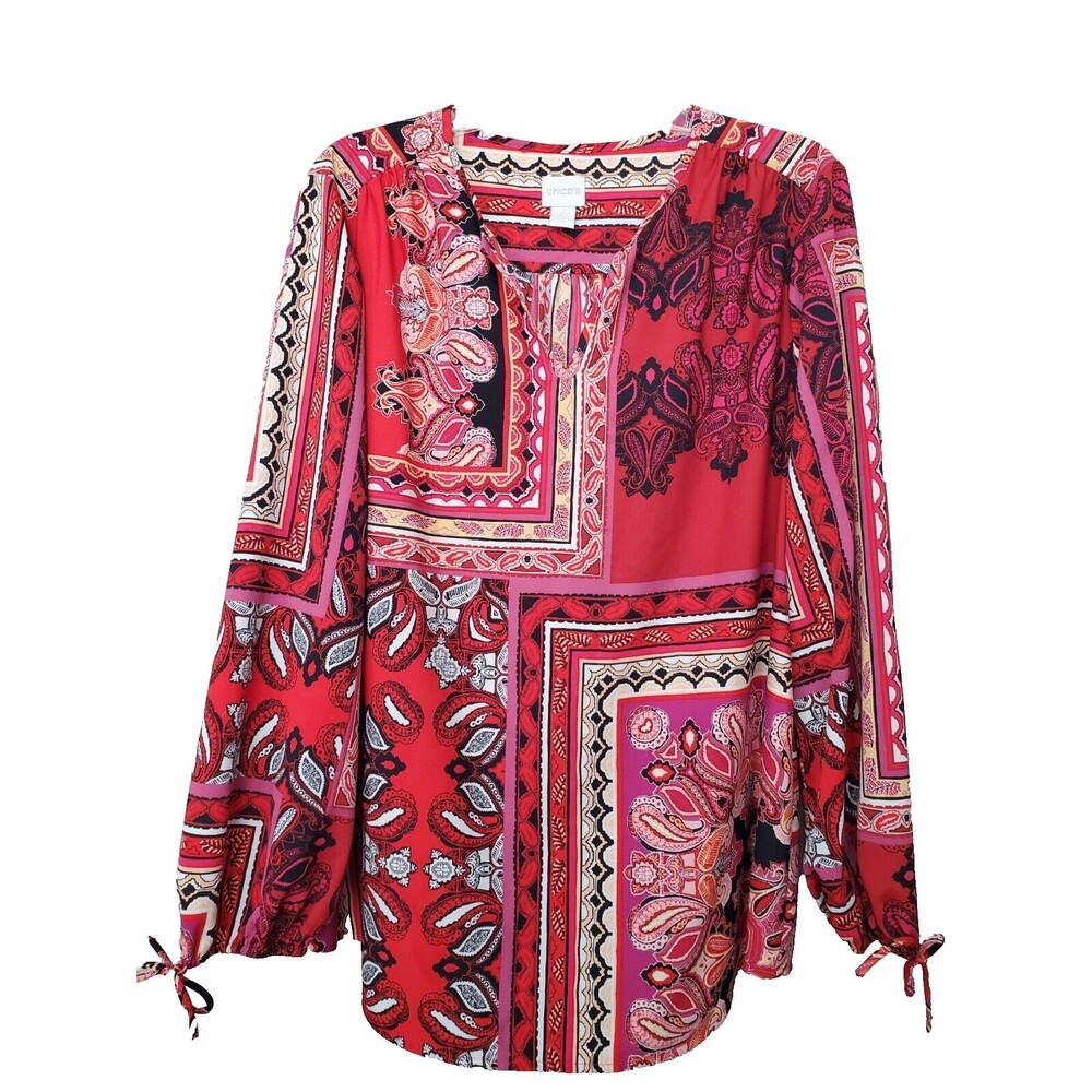Chicos Patchwork Paisley Long Sleeve Split Neck Blouse Size 2 Large Boho